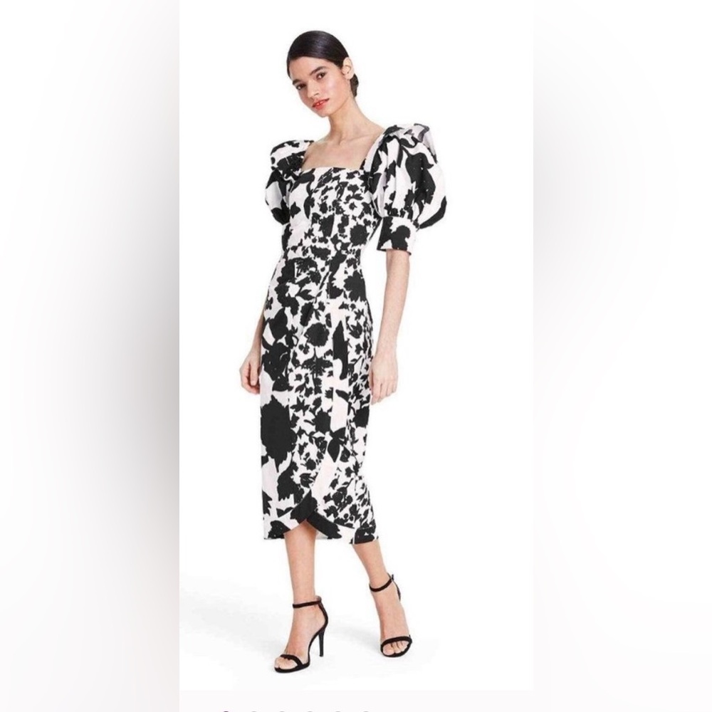 Christopher John Rogers Black and White Floral Midi Dress